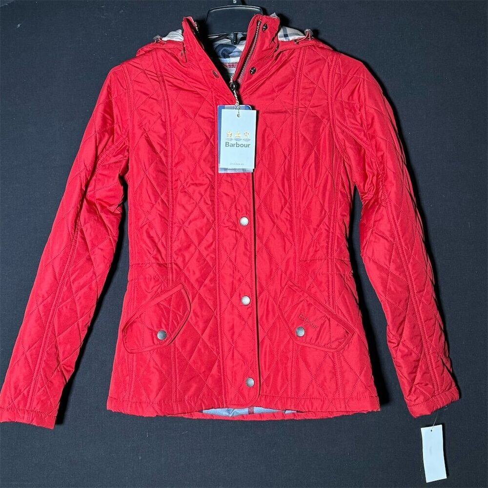 Barbour Women's Millfire Quilted Jacket Red Size 4 Hooded Tartan Lined Casual